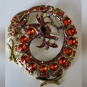 Elegant Goldtone Red Rhinestones Dragon Brooch/Pendant